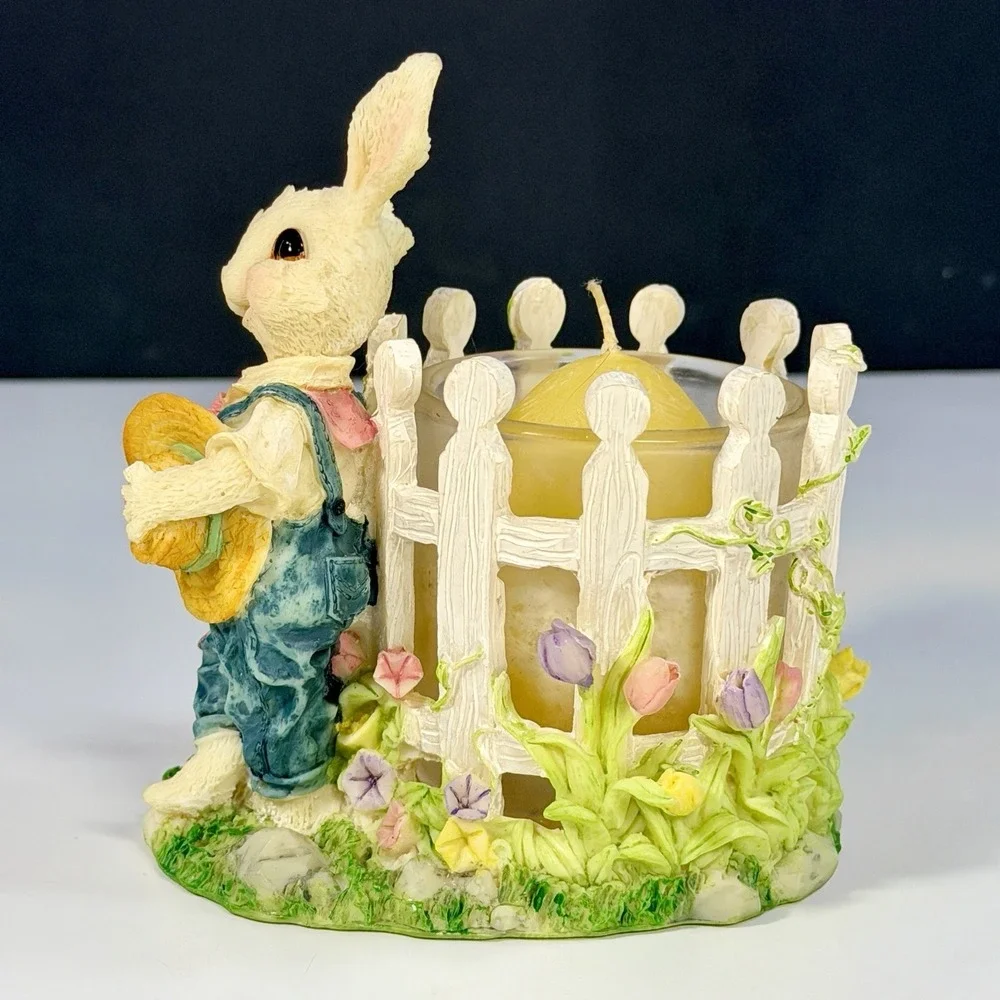 VTG Bunny Rabbit Easter‎ Garden Candle Holder Picket Fence Flowers Spring 4 1/2